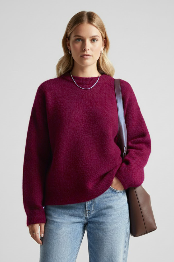 Sabrina | Women's Knit Sweater – Round Neck Relaxed Fit Pullover with Dropped Shoulders