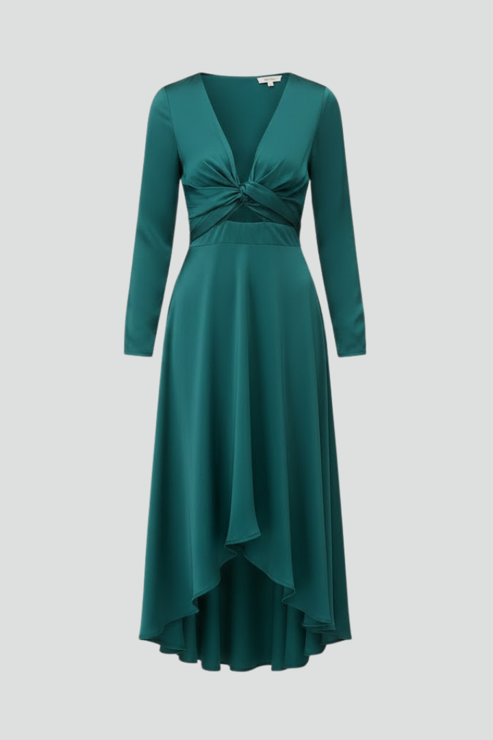 Samantha | Women’s Midi Dress – Deep V-Neck, Front Tie, Long Sleeve, Elegant Bodycon Midi Dress