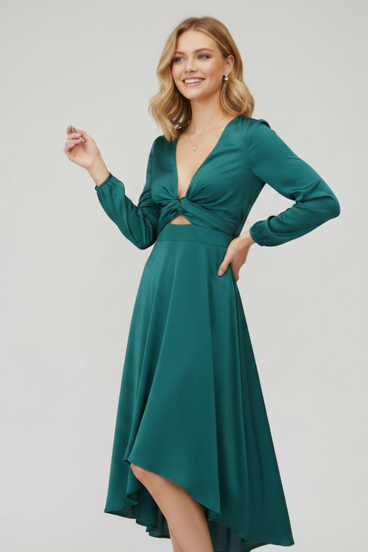 Samantha | Women’s Midi Dress – Deep V-Neck, Front Tie, Long Sleeve, Elegant Bodycon Midi Dress