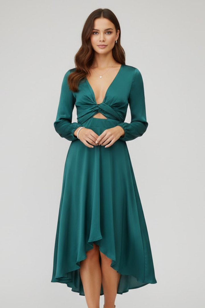 Samantha | Women’s Midi Dress – Deep V-Neck, Front Tie, Long Sleeve, Elegant Bodycon Midi Dress