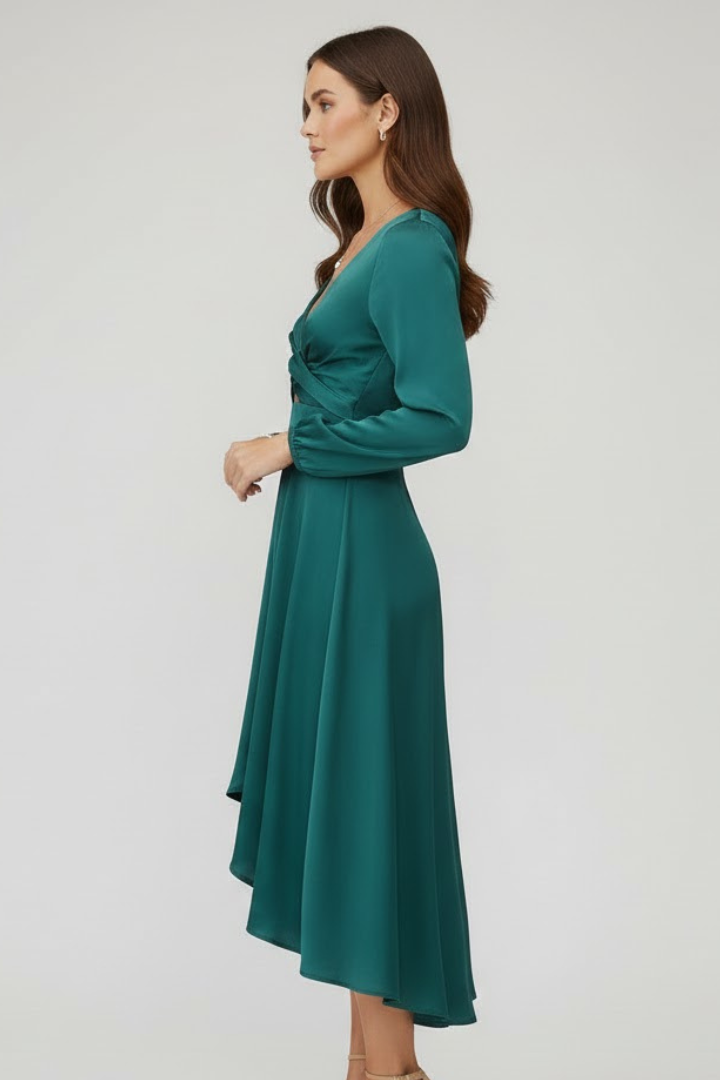 Samantha | Women’s Midi Dress – Deep V-Neck, Front Tie, Long Sleeve, Elegant Bodycon Midi Dress