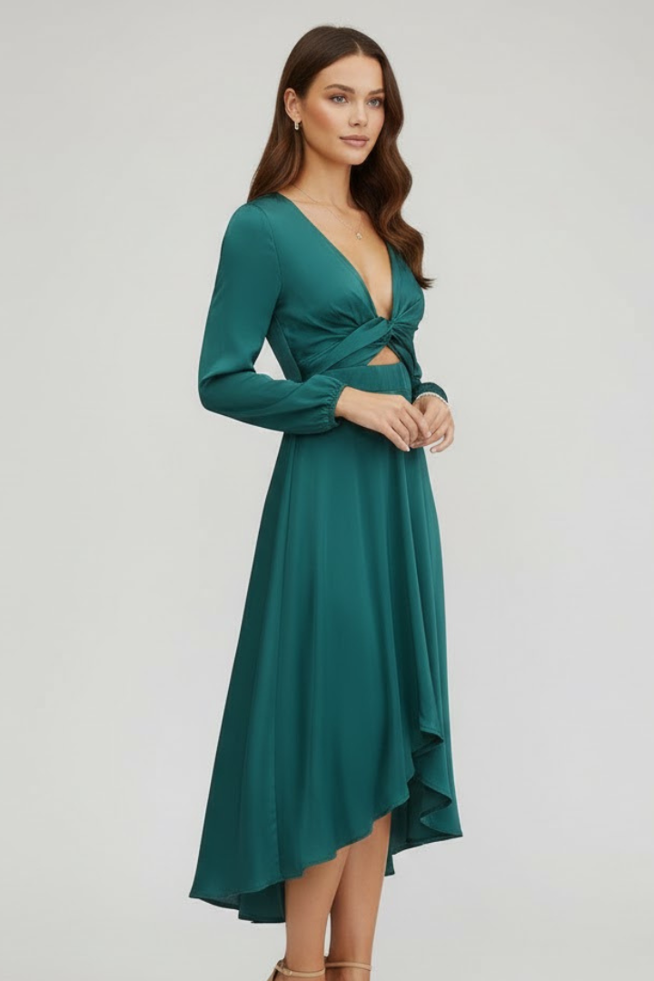 Samantha | Women’s Midi Dress – Deep V-Neck, Front Tie, Long Sleeve, Elegant Bodycon Midi Dress