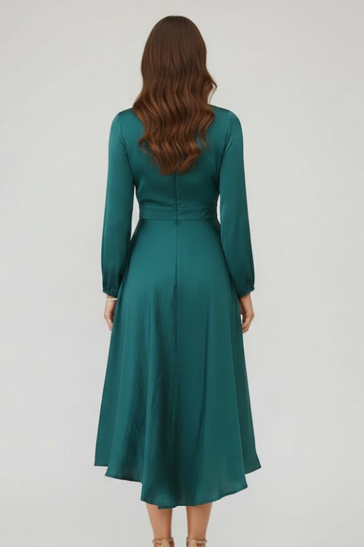 Samantha | Women’s Midi Dress – Deep V-Neck, Front Tie, Long Sleeve, Elegant Bodycon Midi Dress