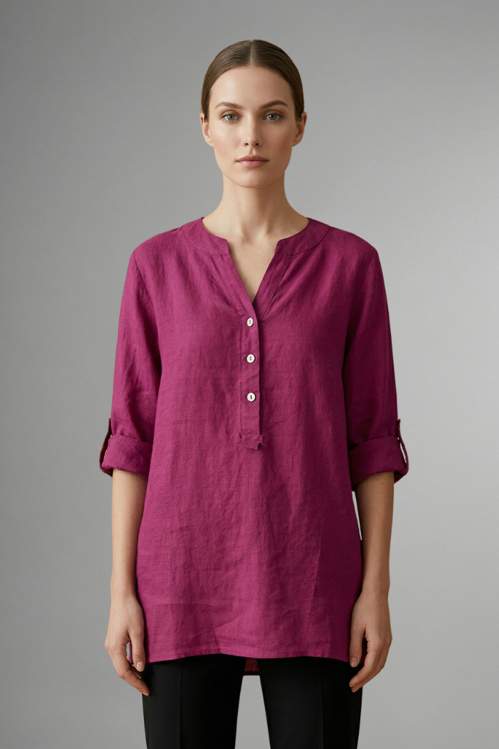 Samara | Women's Lightweight Linen Top – V Neck Button Closure Blouse
