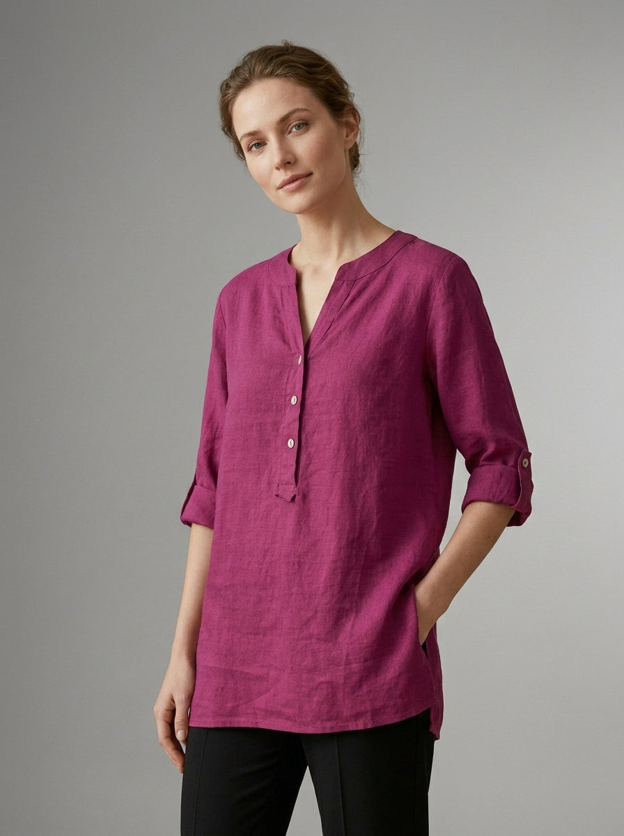 Samara | Women's Lightweight Linen Top – V Neck Button Closure Blouse