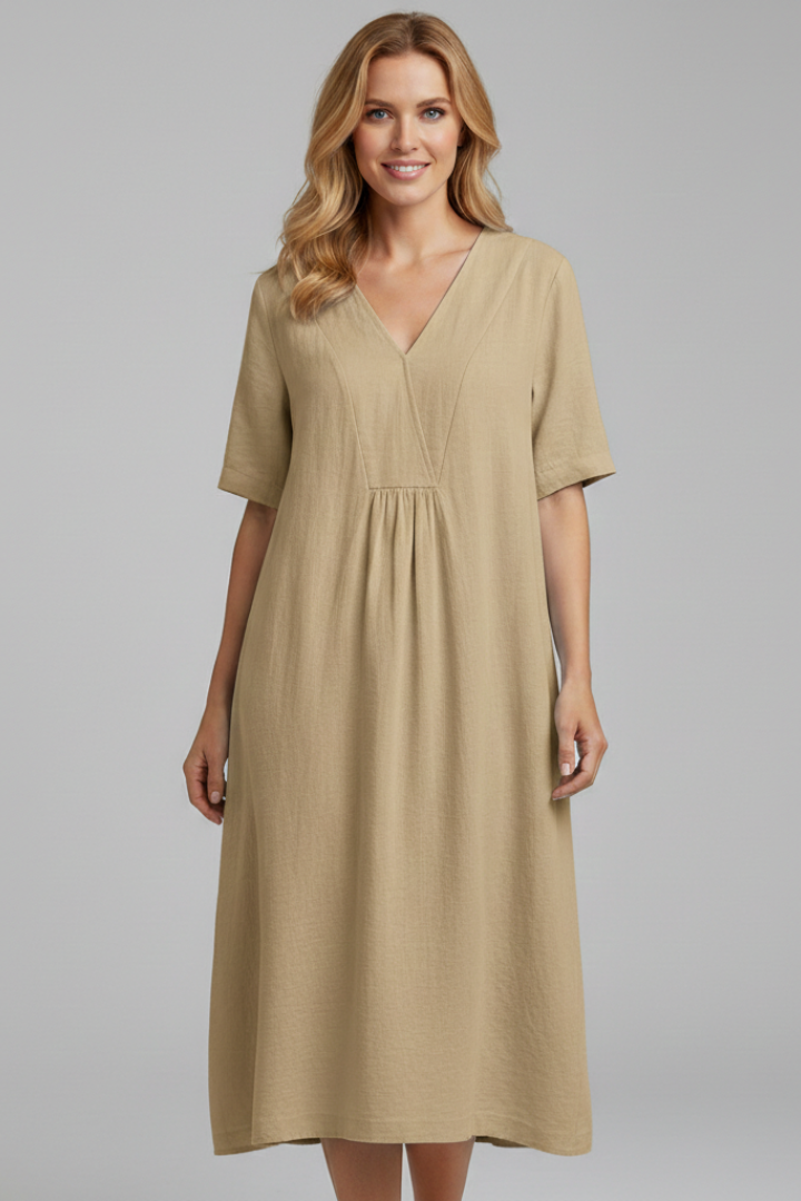 Saskia | Women’s V-Neck Midi Dress – Short Sleeve Loose Fit Dress