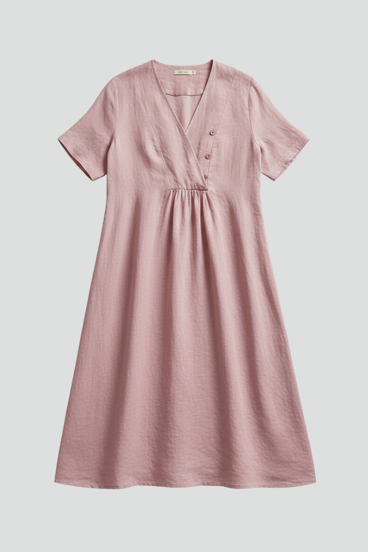 Saskia | Women’s V-Neck Midi Dress – Short Sleeve Loose Fit Dress
