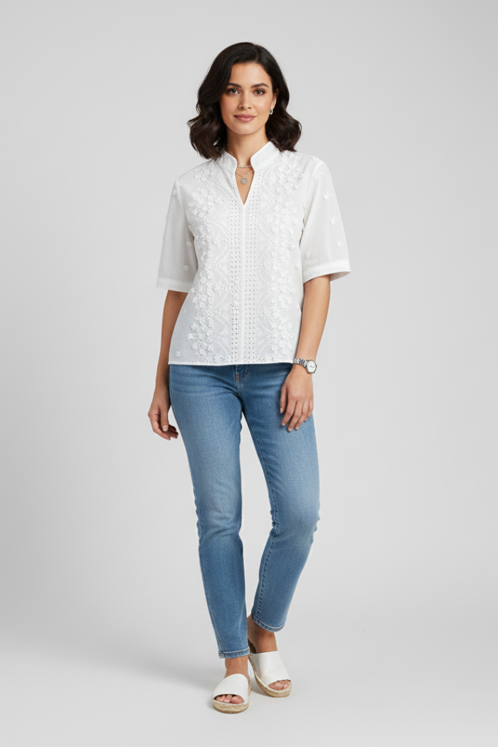 Seliora | Women's Floral V-Neck Blouse – Embroidered Short Sleeve Stand Collar Top