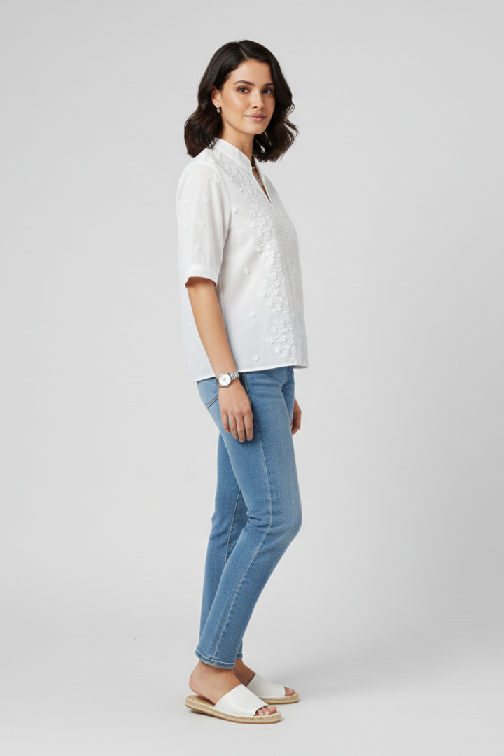 Seliora | Women's Floral V-Neck Blouse – Embroidered Short Sleeve Stand Collar Top