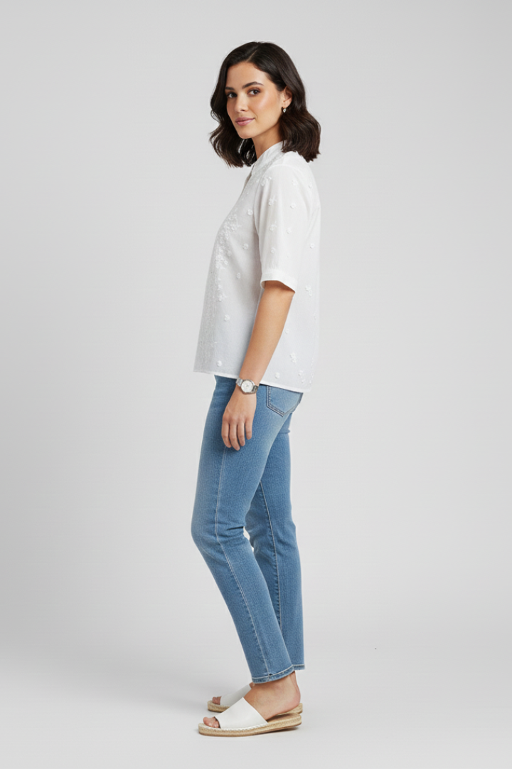 Seliora | Women's Floral V-Neck Blouse – Embroidered Short Sleeve Stand Collar Top