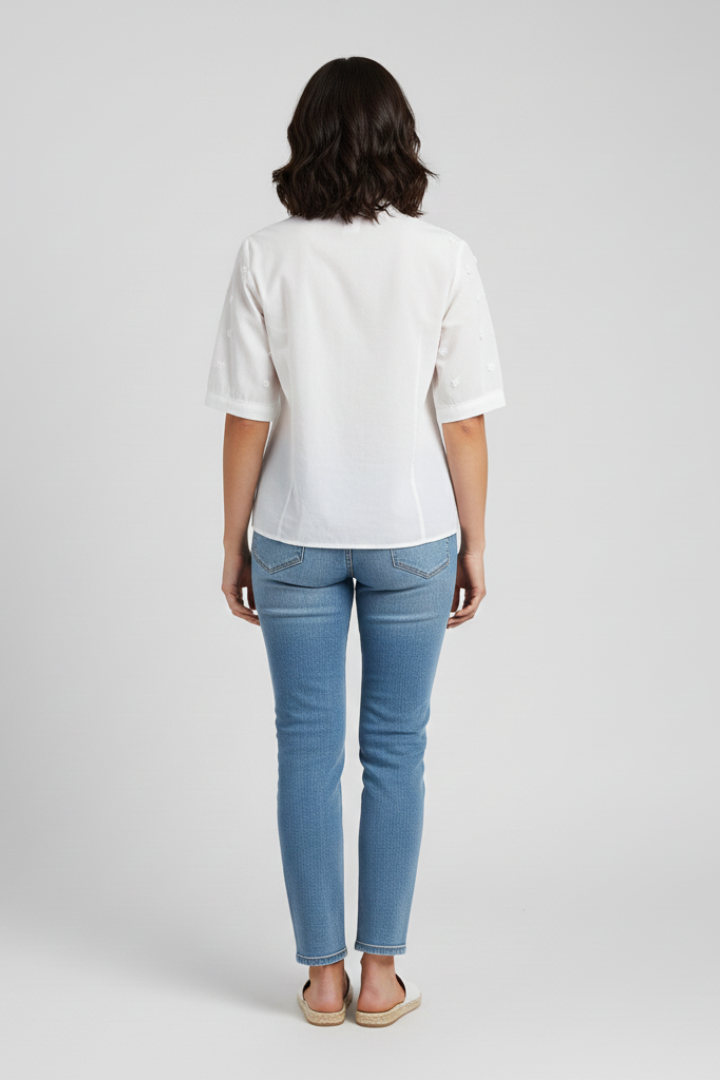 Seliora | Women's Floral V-Neck Blouse – Embroidered Short Sleeve Stand Collar Top