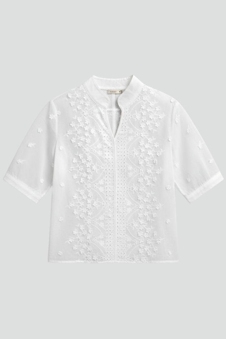 Seliora | Women's Floral V-Neck Blouse – Embroidered Short Sleeve Stand Collar Top