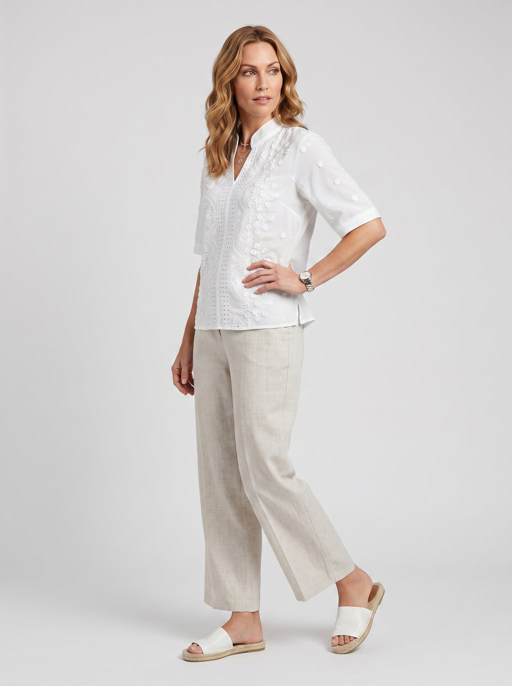 Seliora | Women's Floral V-Neck Blouse – Embroidered Short Sleeve Stand Collar Top