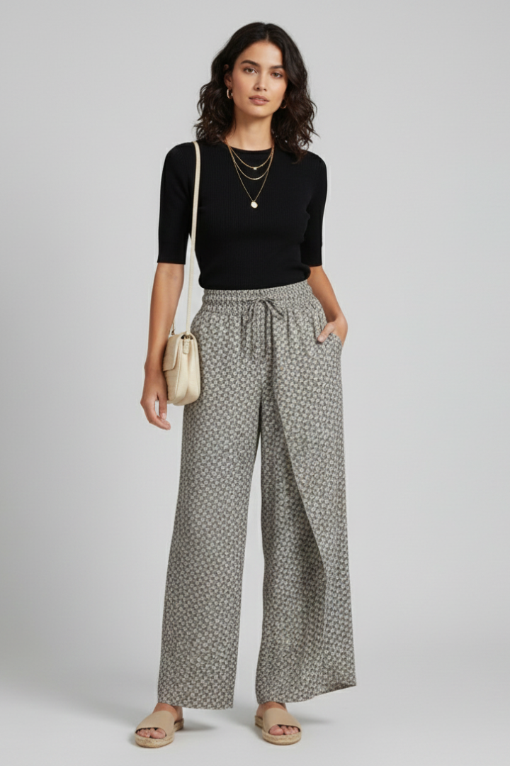 Selitha | Women's Elastic Waist Trousers – Geometric Print Wide Leg Everyday Pants