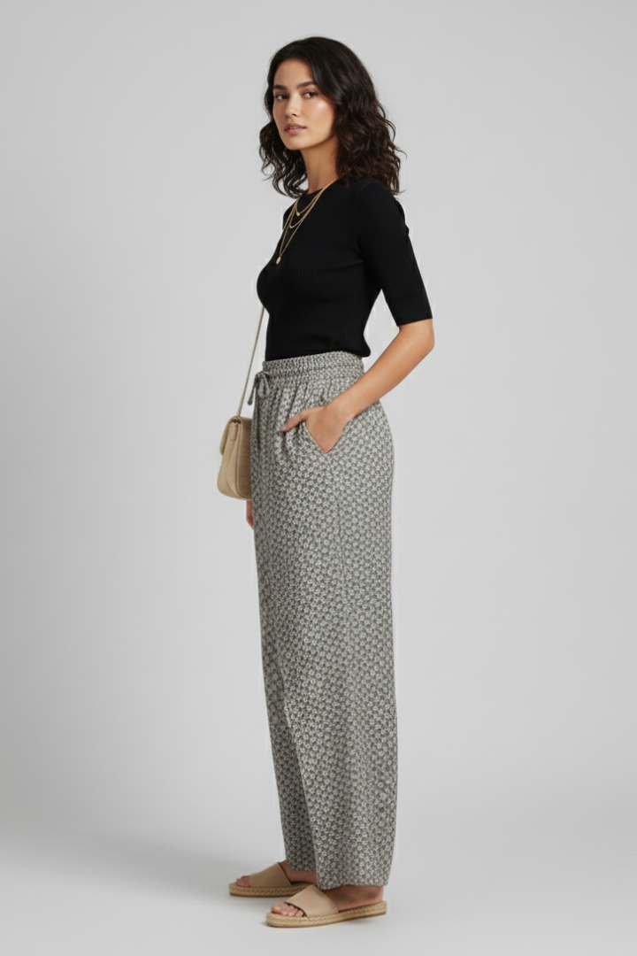 Selitha | Women's Elastic Waist Trousers – Geometric Print Wide Leg Everyday Pants