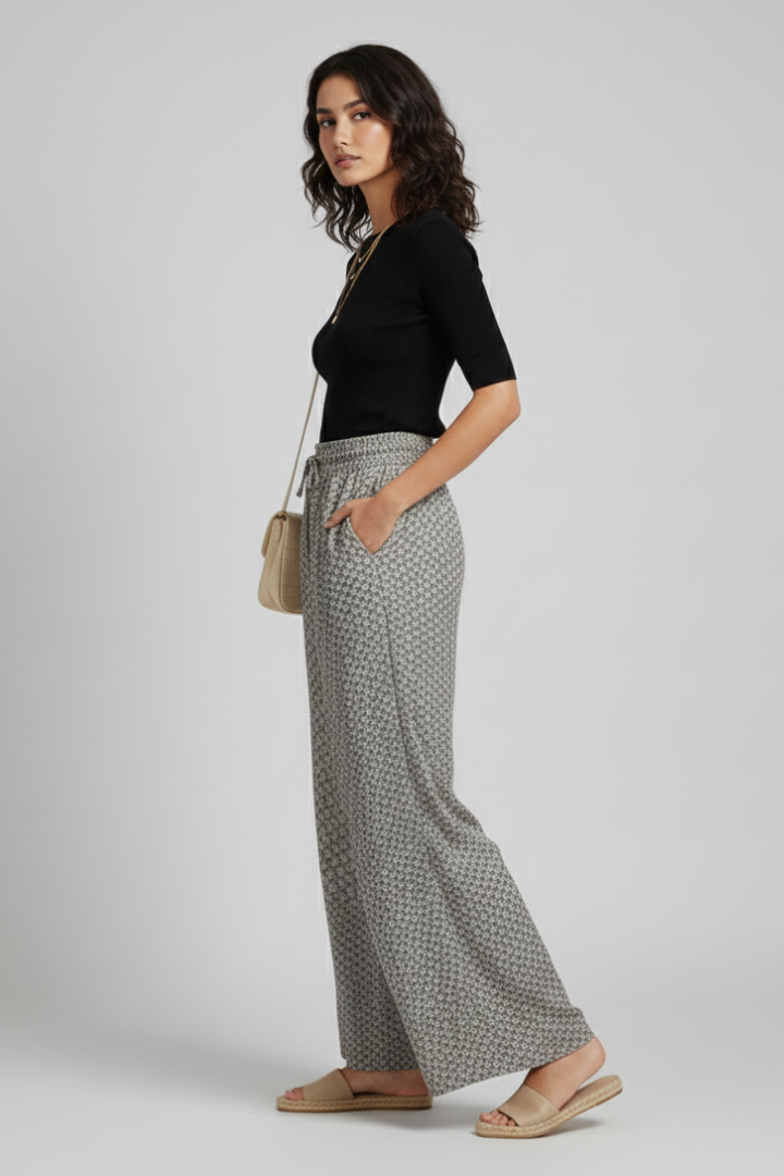 Selitha | Women's Elastic Waist Trousers – Geometric Print Wide Leg Everyday Pants