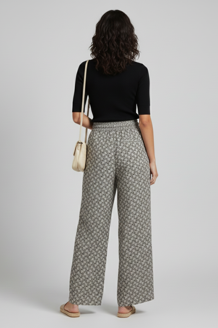 Selitha | Women's Elastic Waist Trousers – Geometric Print Wide Leg Everyday Pants