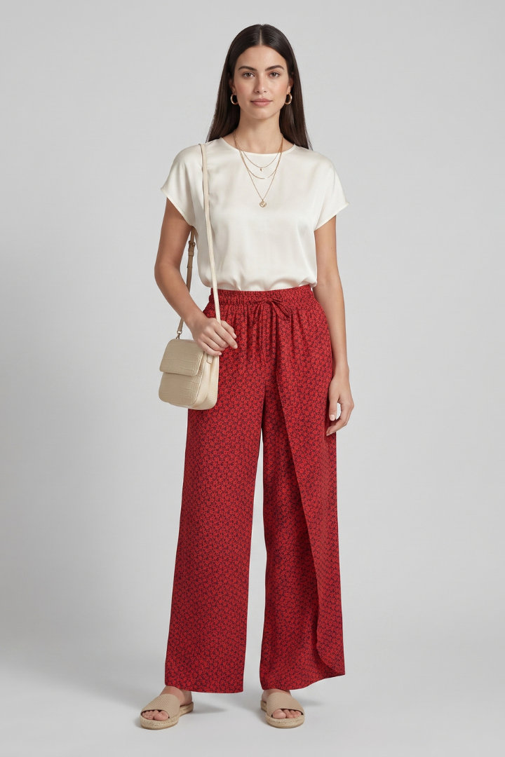 Selitha | Women's Elastic Waist Trousers – Geometric Print Wide Leg Everyday Pants