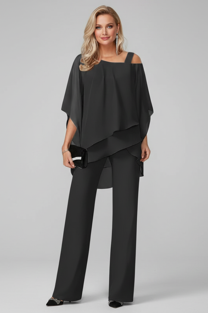 Sely | Women’s Off Shoulder Jumpsuit – Elastic Waist Straight Leg Flowing Fit Set