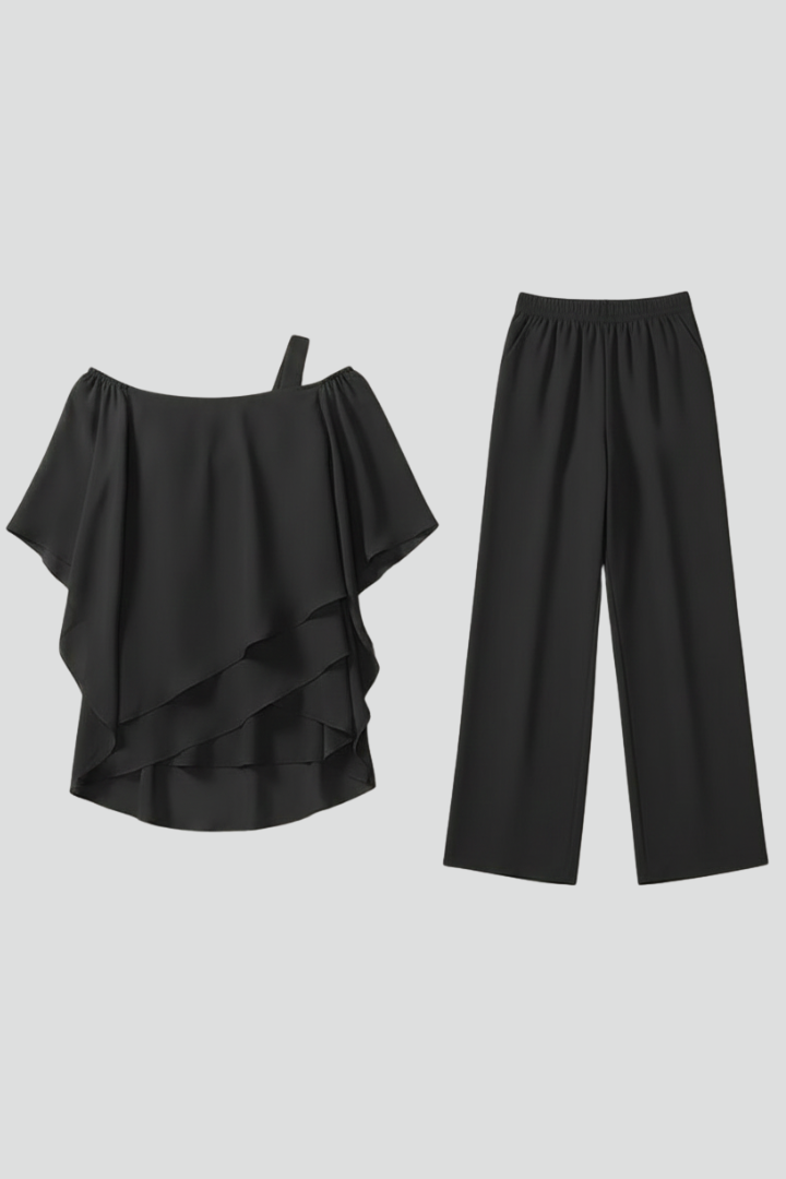 Sely | Women’s Off Shoulder Jumpsuit – Elastic Waist Straight Leg Flowing Fit Set