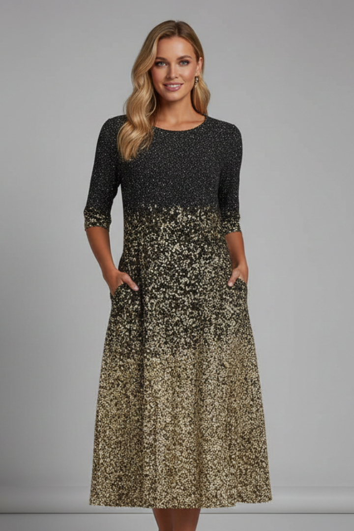 Selyssa | Women’s Sparkle Midi Dress – Elegant 3/4 Sleeve Party Dress with Side Pockets
