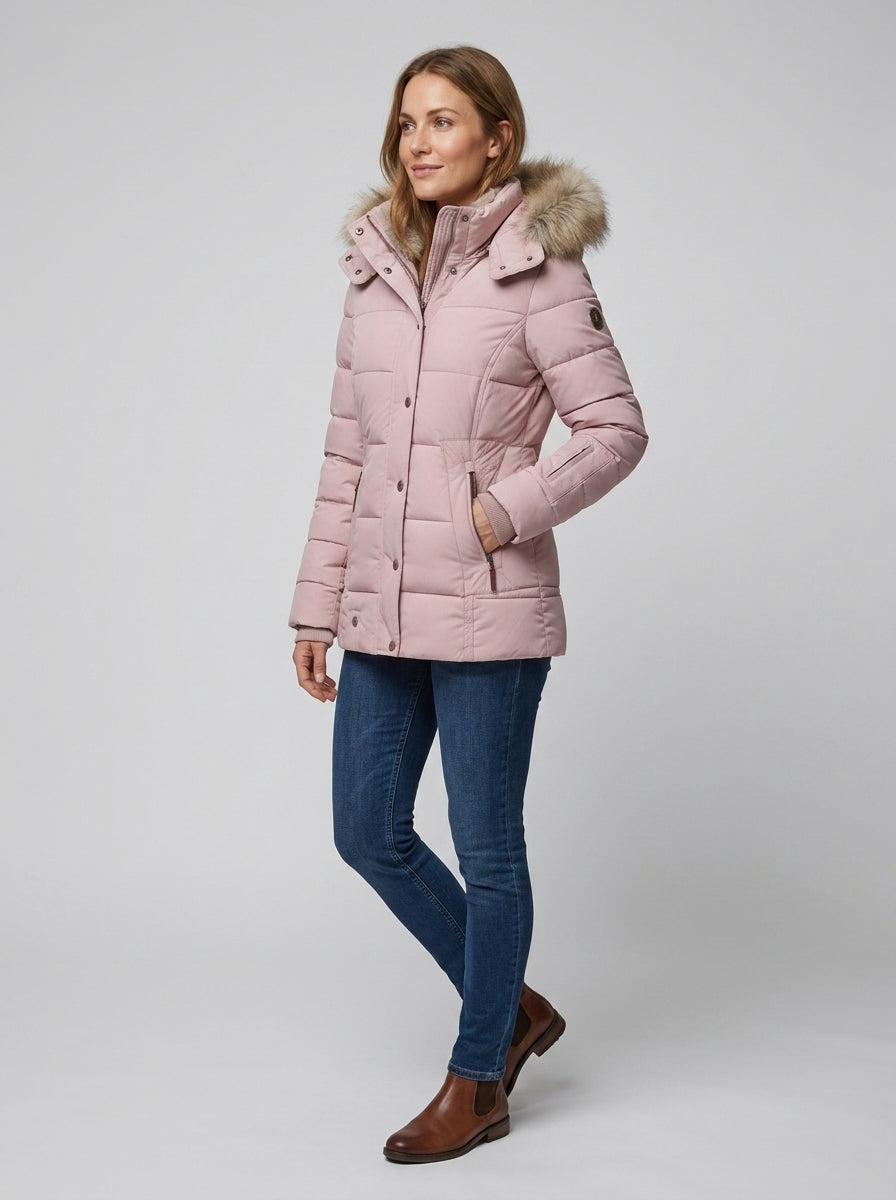 Seravelle | Women’s Hooded Padded Jacket with Faux Fur Trim, Zip & Snap Closure