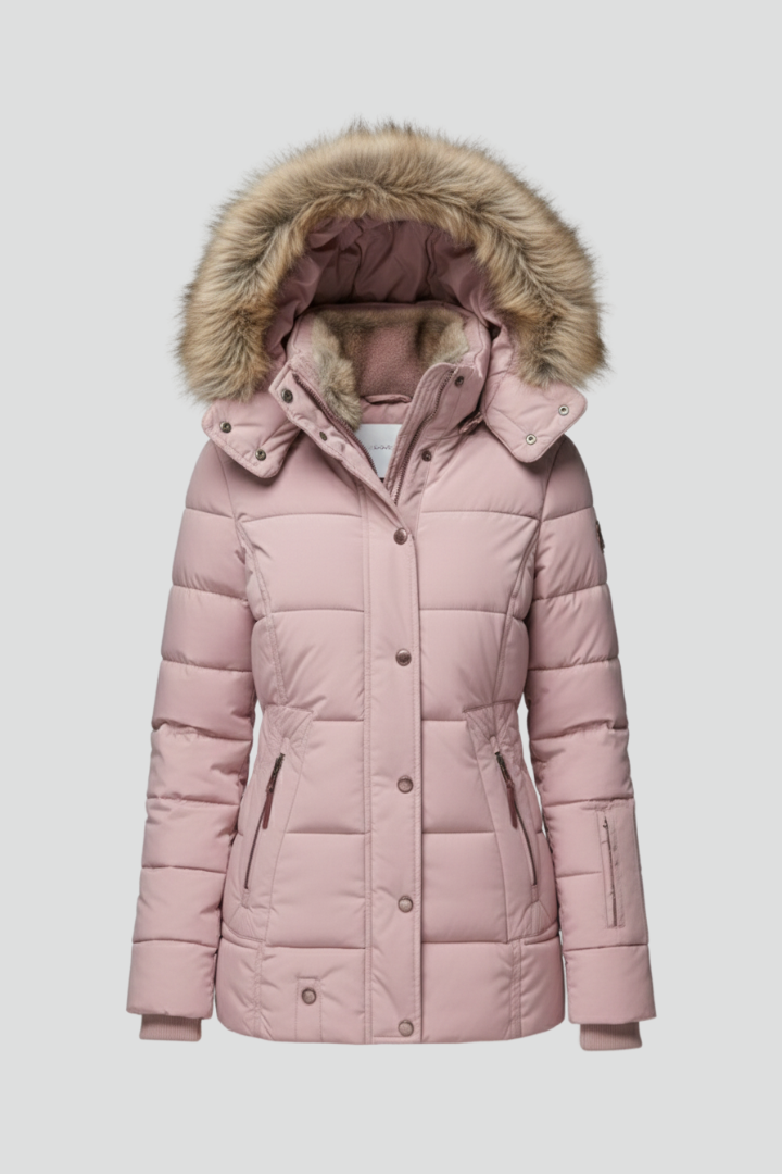 Seravelle | Women’s Hooded Padded Jacket with Faux Fur Trim, Zip & Snap Closure