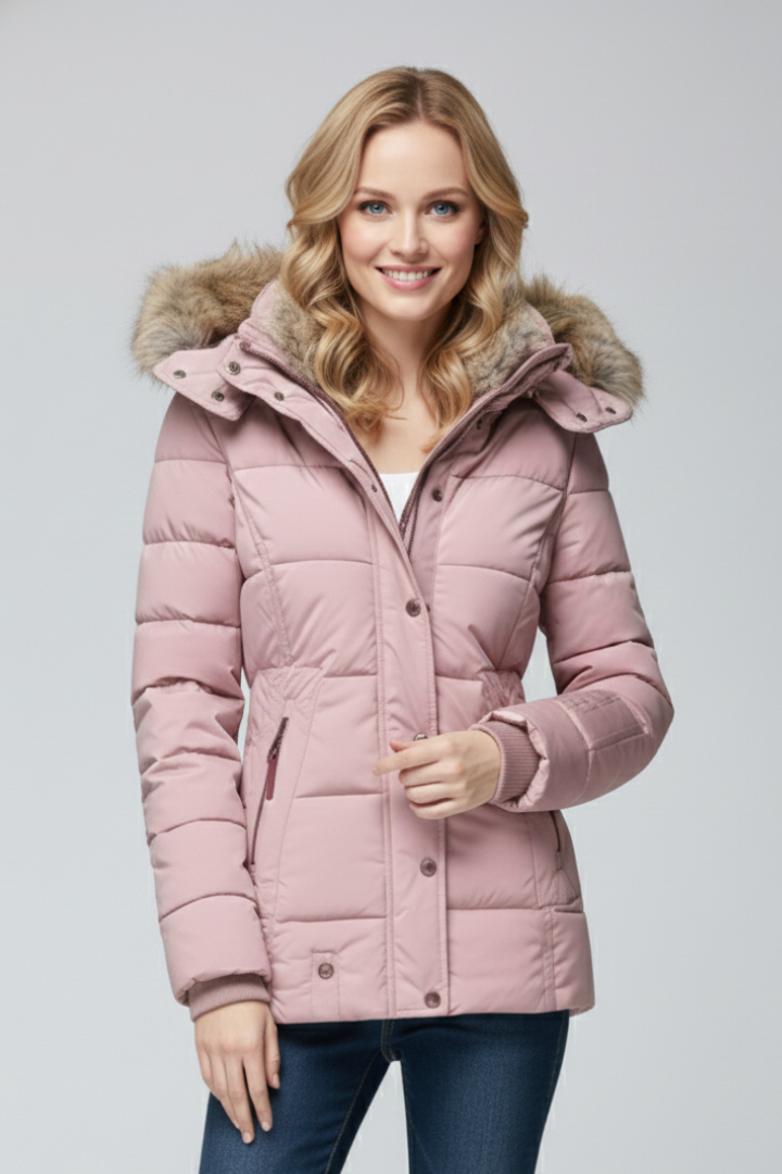 Seravelle | Women’s Hooded Padded Jacket with Faux Fur Trim, Zip & Snap Closure