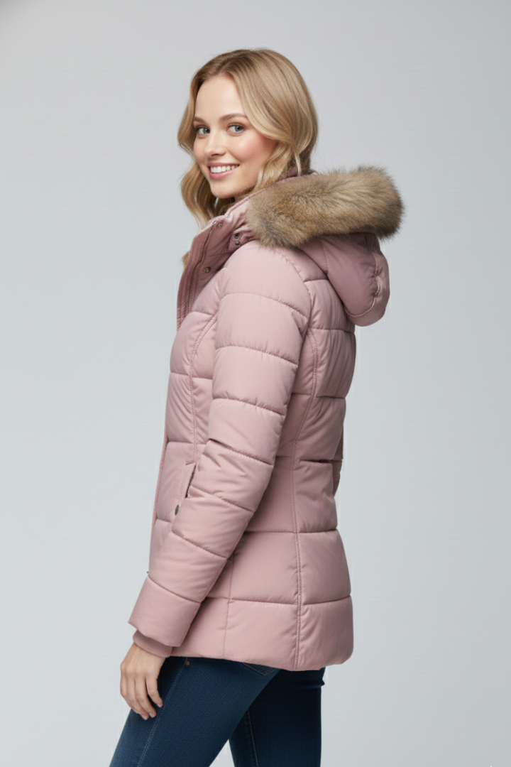Seravelle | Women’s Hooded Padded Jacket with Faux Fur Trim, Zip & Snap Closure