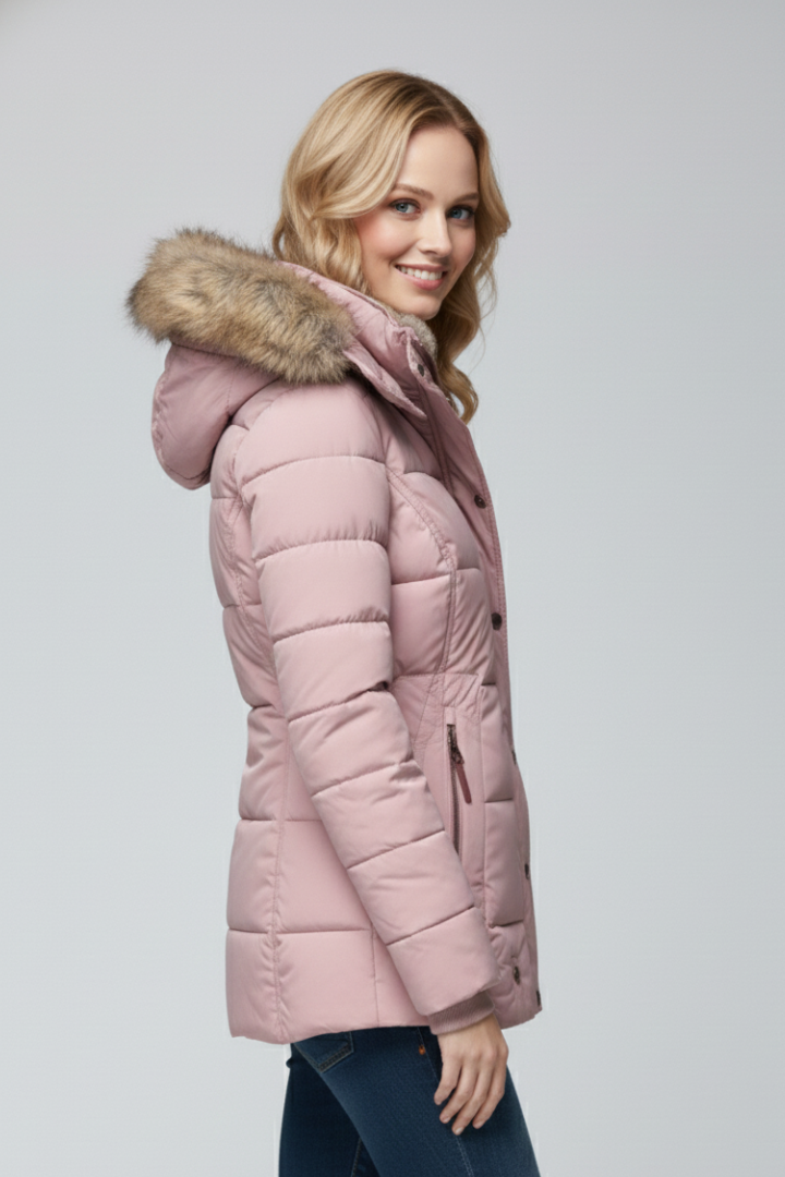 Seravelle | Women’s Hooded Padded Jacket with Faux Fur Trim, Zip & Snap Closure