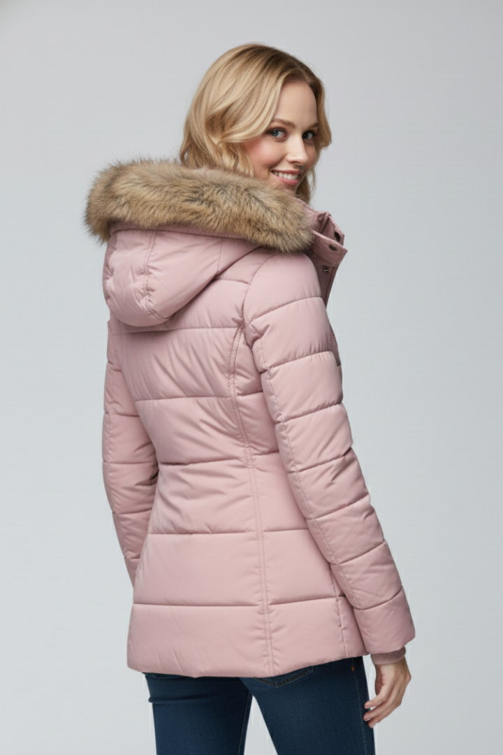 Seravelle | Women’s Hooded Padded Jacket with Faux Fur Trim, Zip & Snap Closure