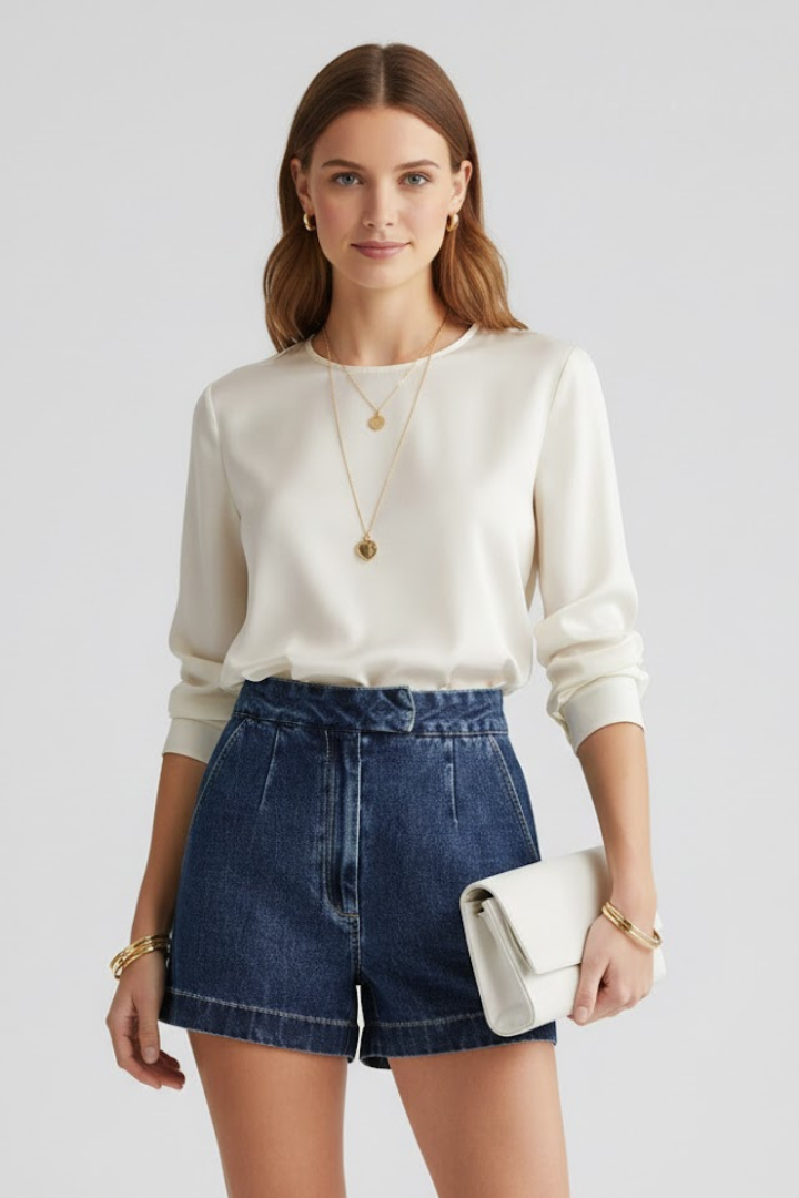 Serelle | Women’s High Waisted Denim Shorts – Rolled Hem Mid-Thigh Jean Shorts