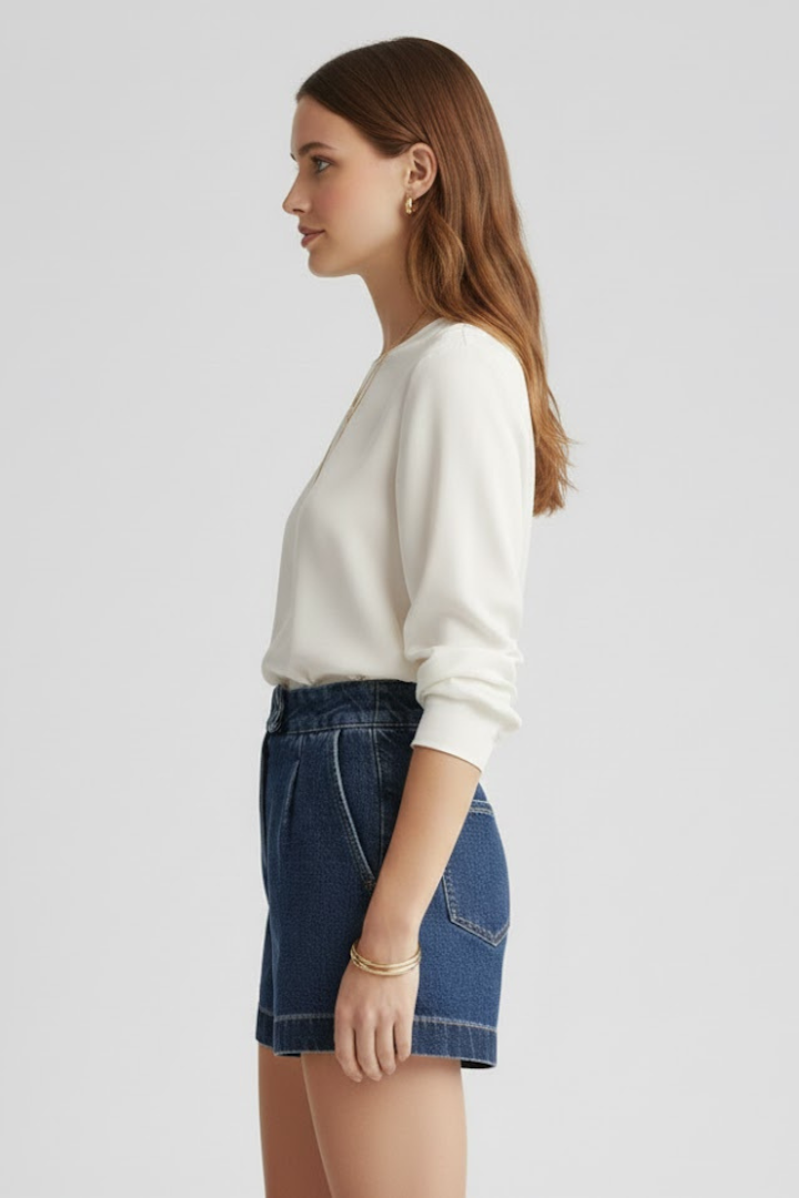 Serelle | Women’s High Waisted Denim Shorts – Rolled Hem Mid-Thigh Jean Shorts