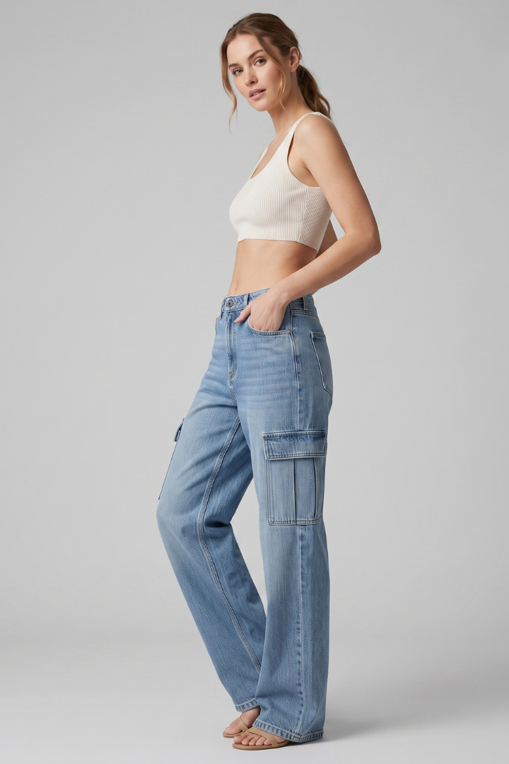 Serena | Women's Baggy Cargo Jeans – Wide-Leg Denim Pants with Side Flap Pockets