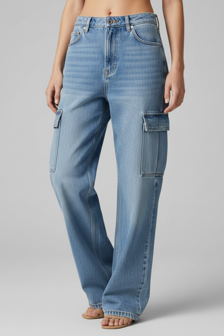 Serena | Women's Baggy Cargo Jeans – Wide-Leg Denim Pants with Side Flap Pockets