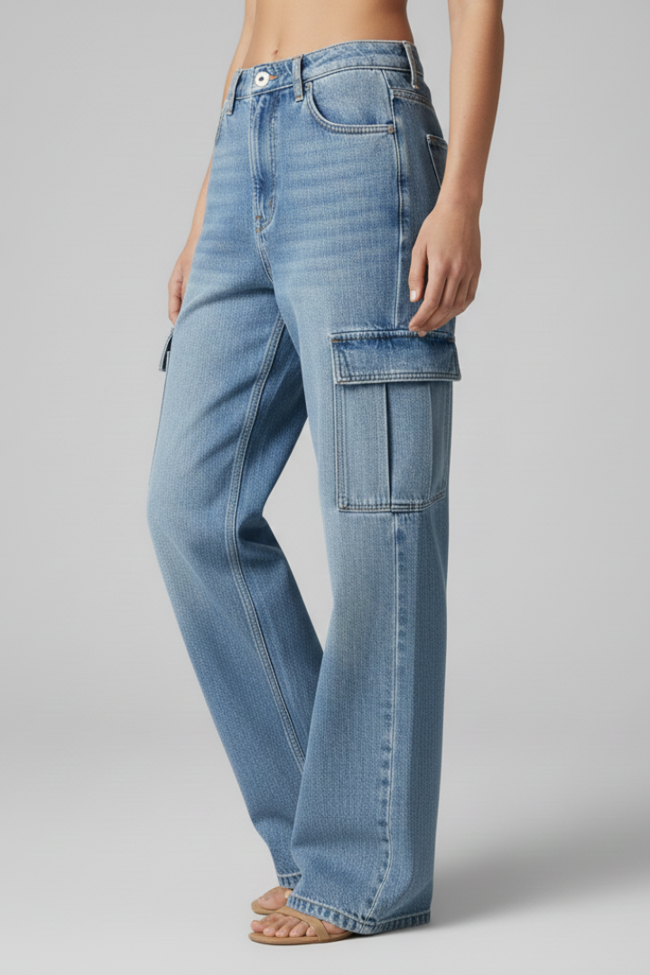 Serena | Women's Baggy Cargo Jeans – Wide-Leg Denim Pants with Side Flap Pockets