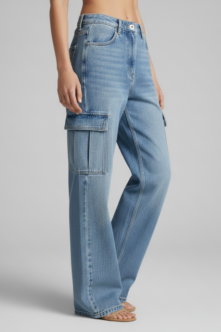 Serena | Women's Baggy Cargo Jeans – Wide-Leg Denim Pants with Side Flap Pockets