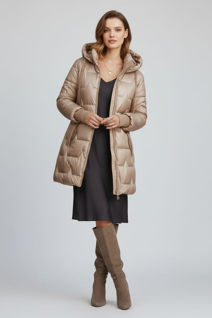 Serenelle | Women’s Long Quilted Puffer Jacket with Hood, Full-Zip Closure