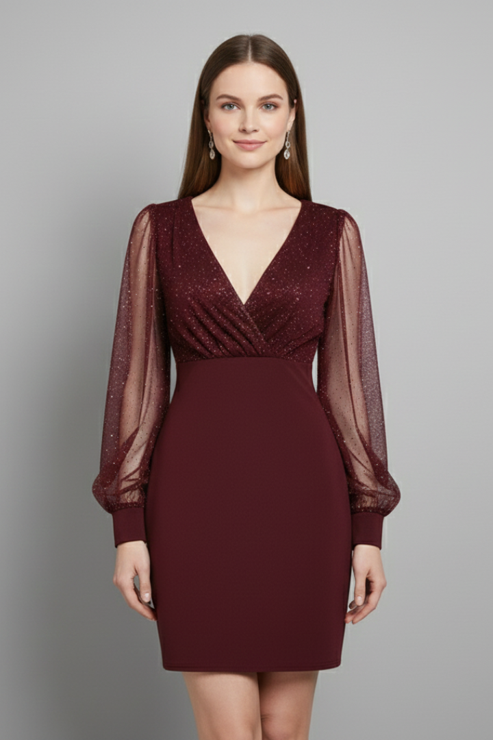 Shira | Women's Sheer Sleeve Mini Dress – V-Neck Bodycon Cocktail Dress