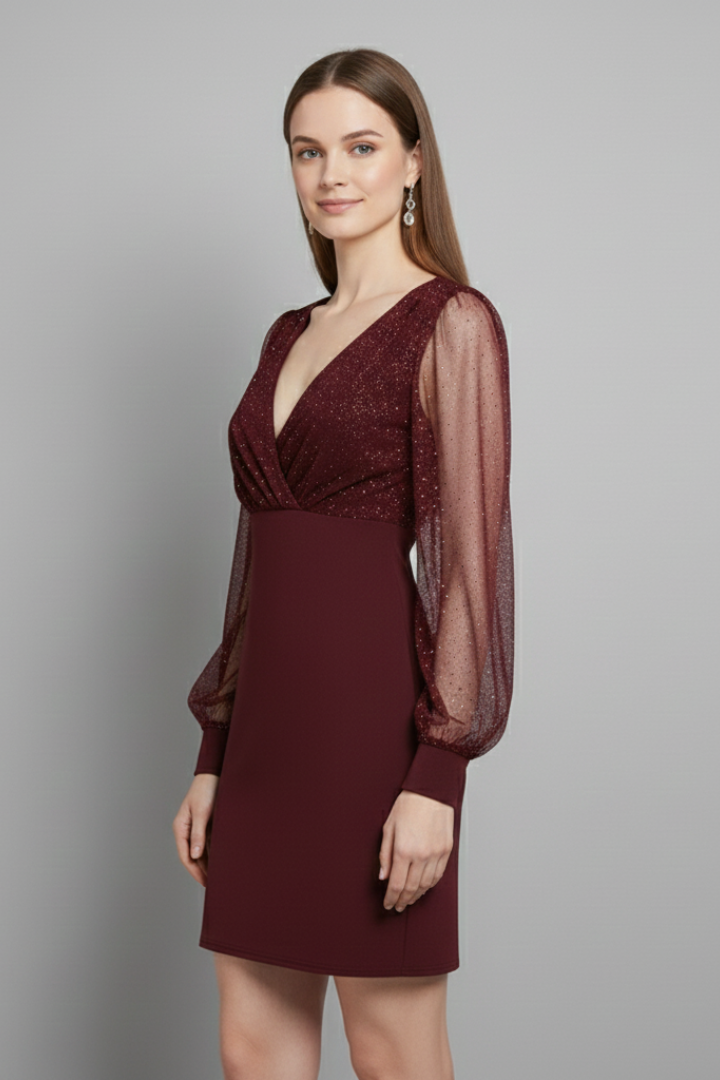 Shira | Women's Sheer Sleeve Mini Dress – V-Neck Bodycon Cocktail Dress