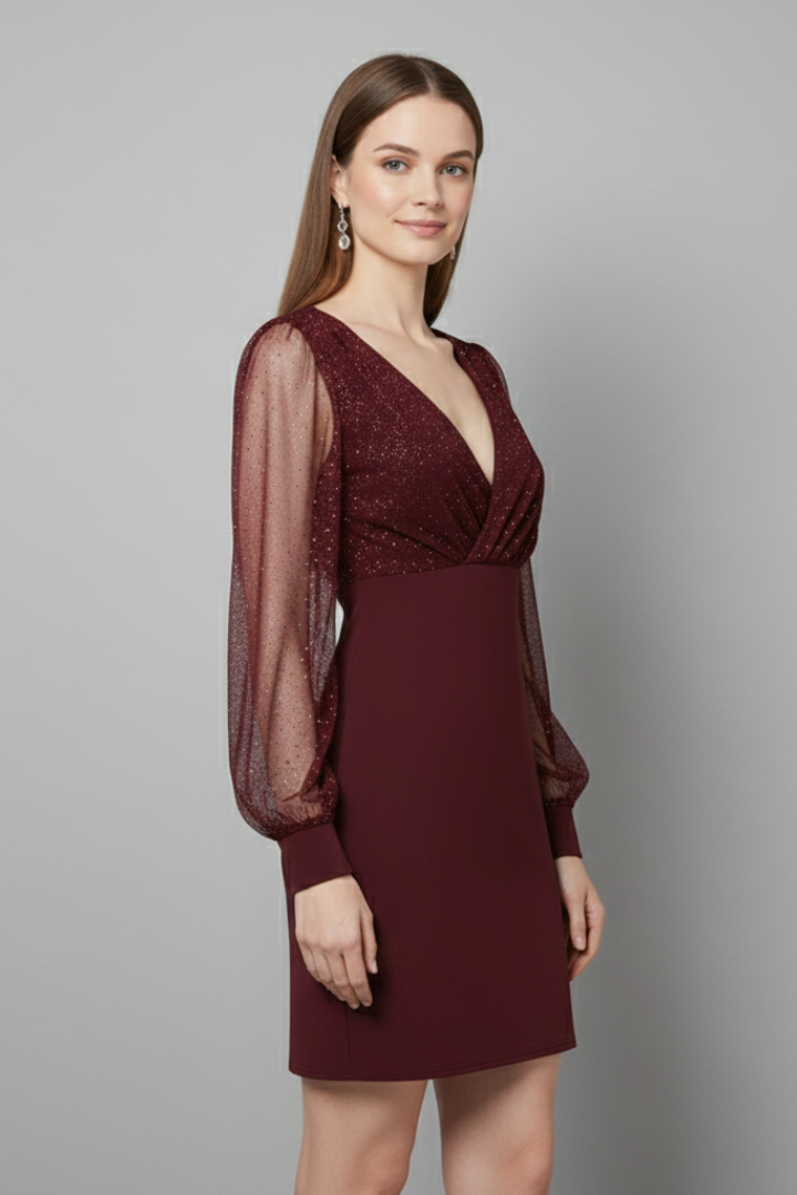 Shira | Women's Sheer Sleeve Mini Dress – V-Neck Bodycon Cocktail Dress