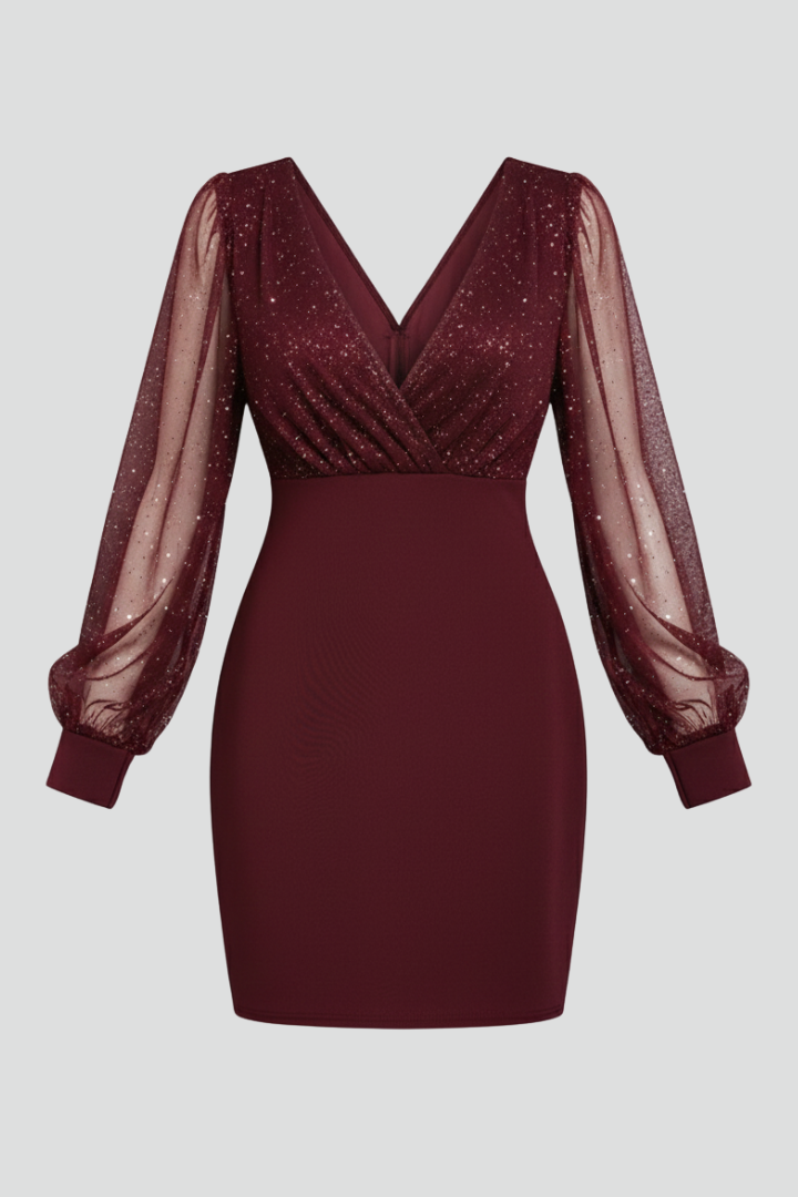 Shira | Women's Sheer Sleeve Mini Dress – V-Neck Bodycon Cocktail Dress