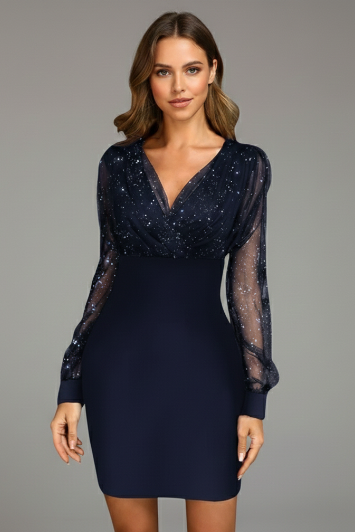Shira | Women's Sheer Sleeve Mini Dress – V-Neck Bodycon Cocktail Dress