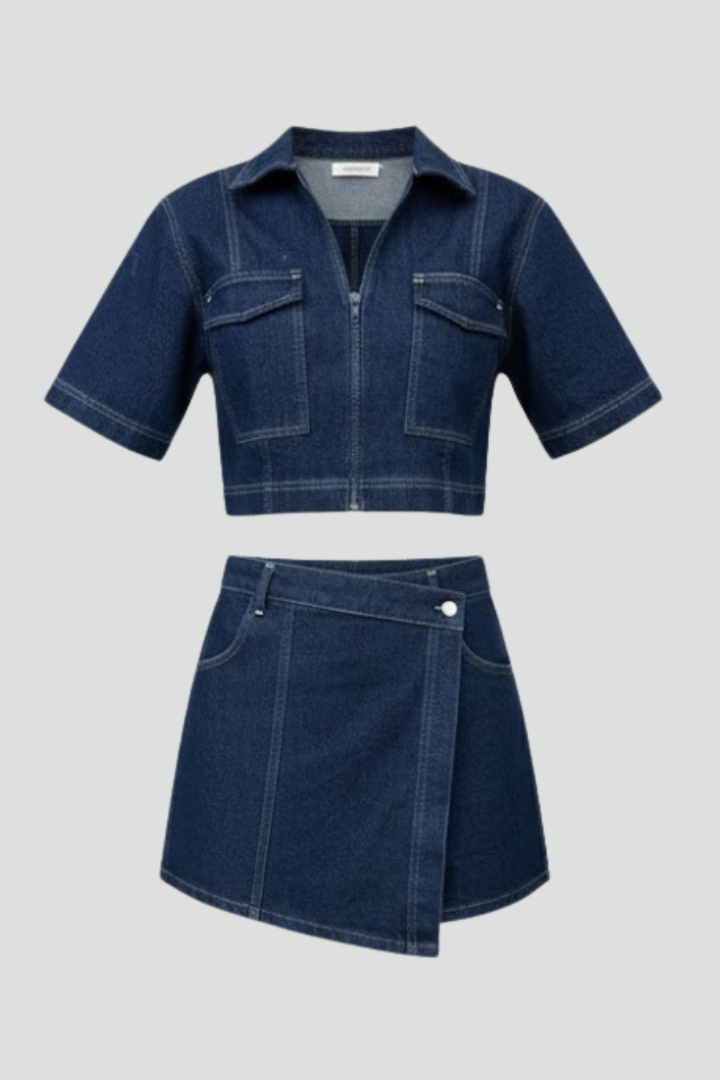 Denim Two-Piece Set with Zip-Up Crop Top