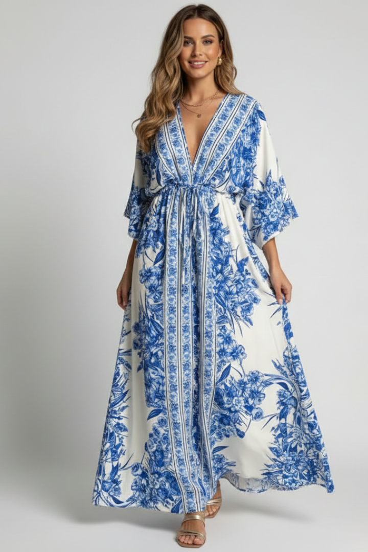 Solenne | Women’s Boho Floral Maxi Dress - V-Neck Bell Sleeve, Summer Beach Dress