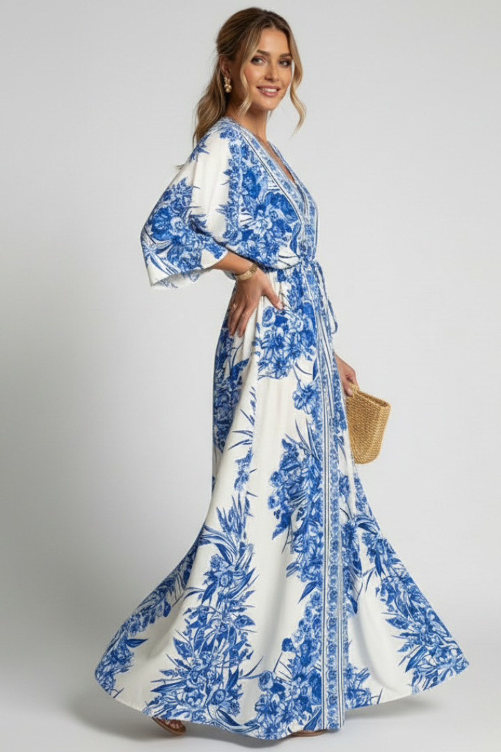 Solenne | Women’s Boho Floral Maxi Dress - V-Neck Bell Sleeve, Summer Beach Dress