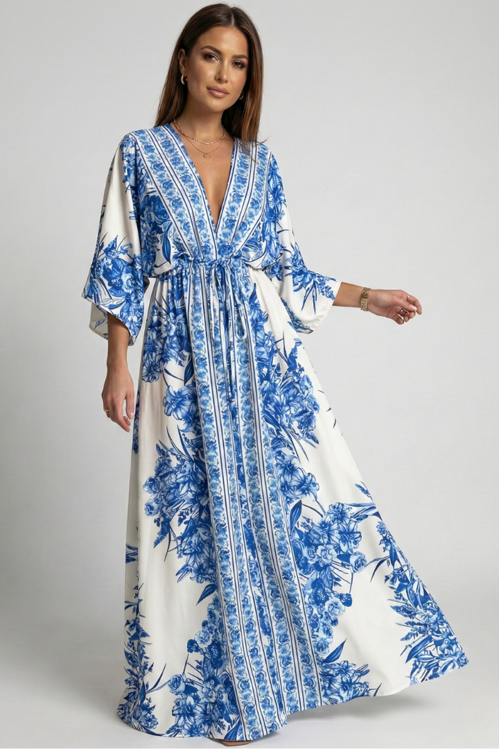 Solenne | Women’s Boho Floral Maxi Dress - V-Neck Bell Sleeve, Summer Beach Dress