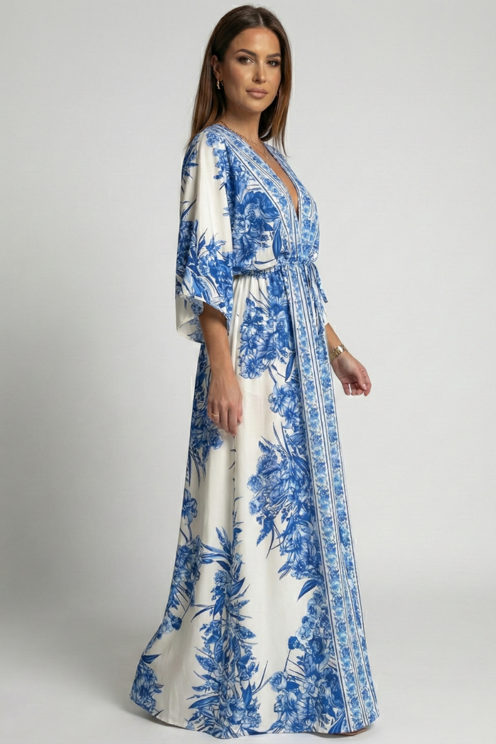 Solenne | Women’s Boho Floral Maxi Dress - V-Neck Bell Sleeve, Summer Beach Dress