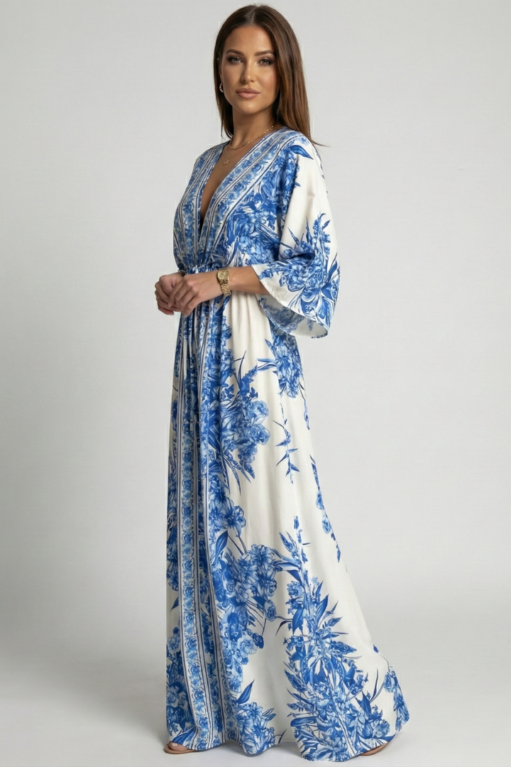 Solenne | Women’s Boho Floral Maxi Dress - V-Neck Bell Sleeve, Summer Beach Dress
