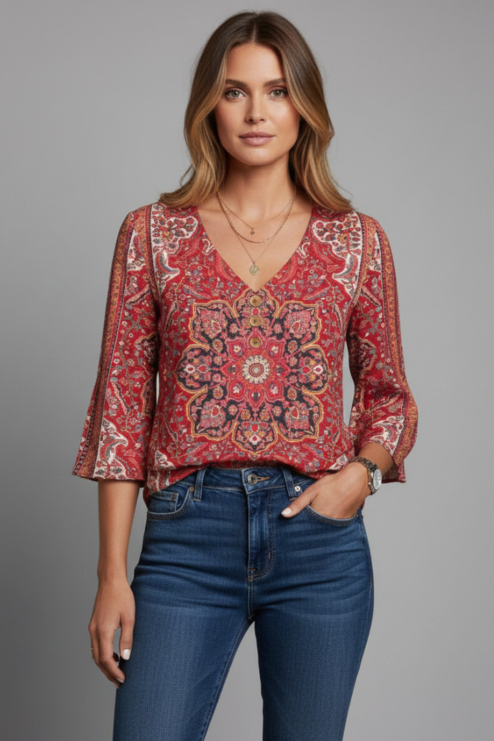 Sona | Women’s Floral Blouse – V-Neck Button-Up Shirt